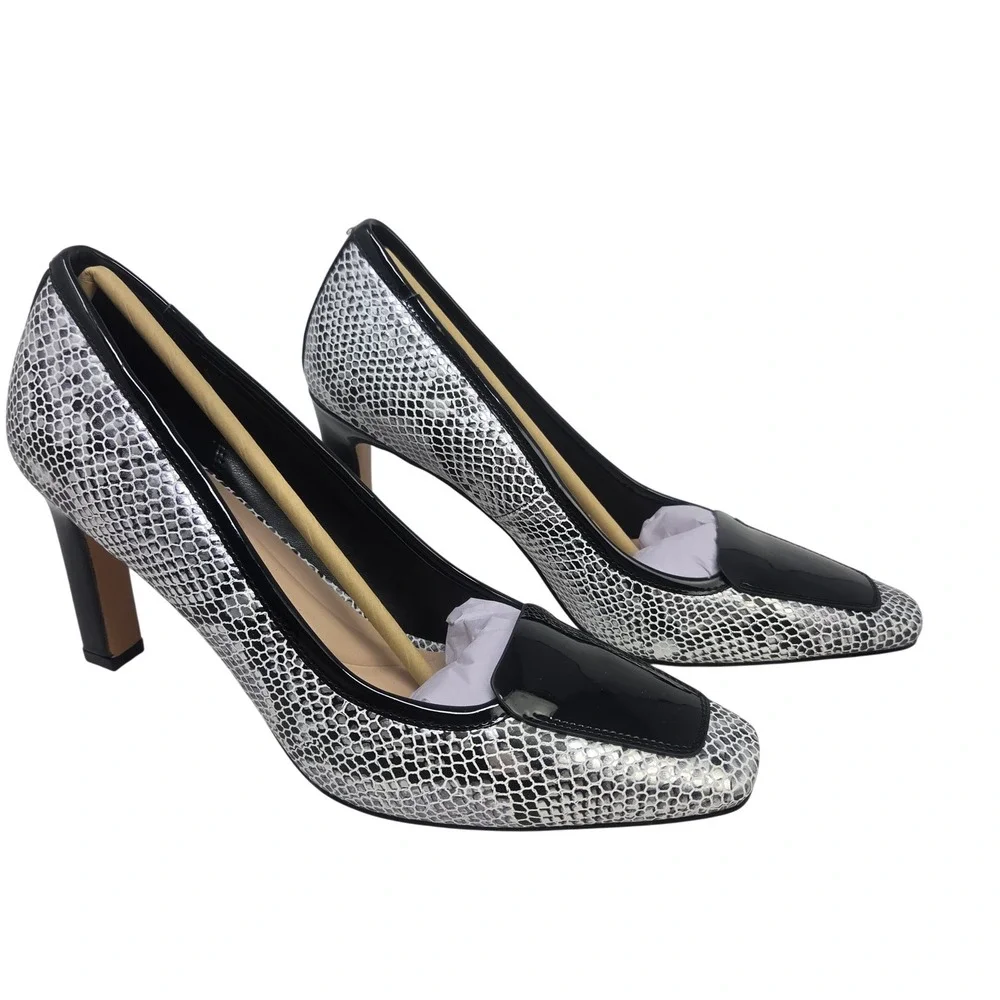 Clmhoe Pumps Women 10M Silver Snakeskin Patent Square Toe Block Heel Chic 10M